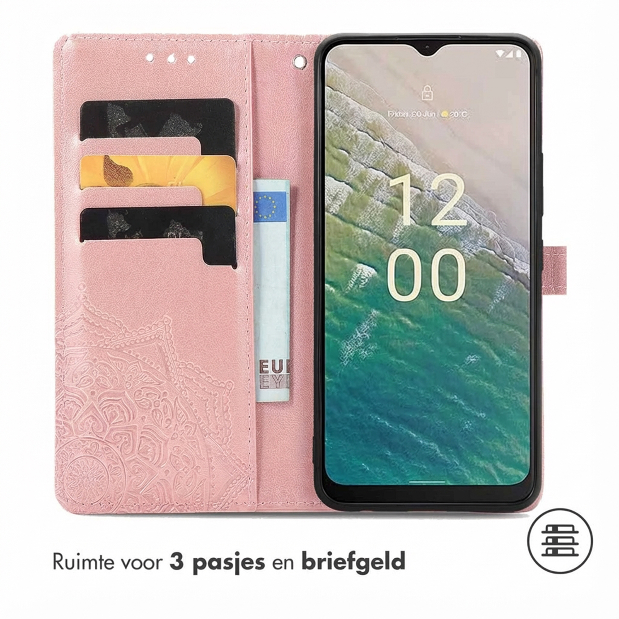 Étui de téléphone rose avec fentes pour cartes et un téléphone affichant 12:00.