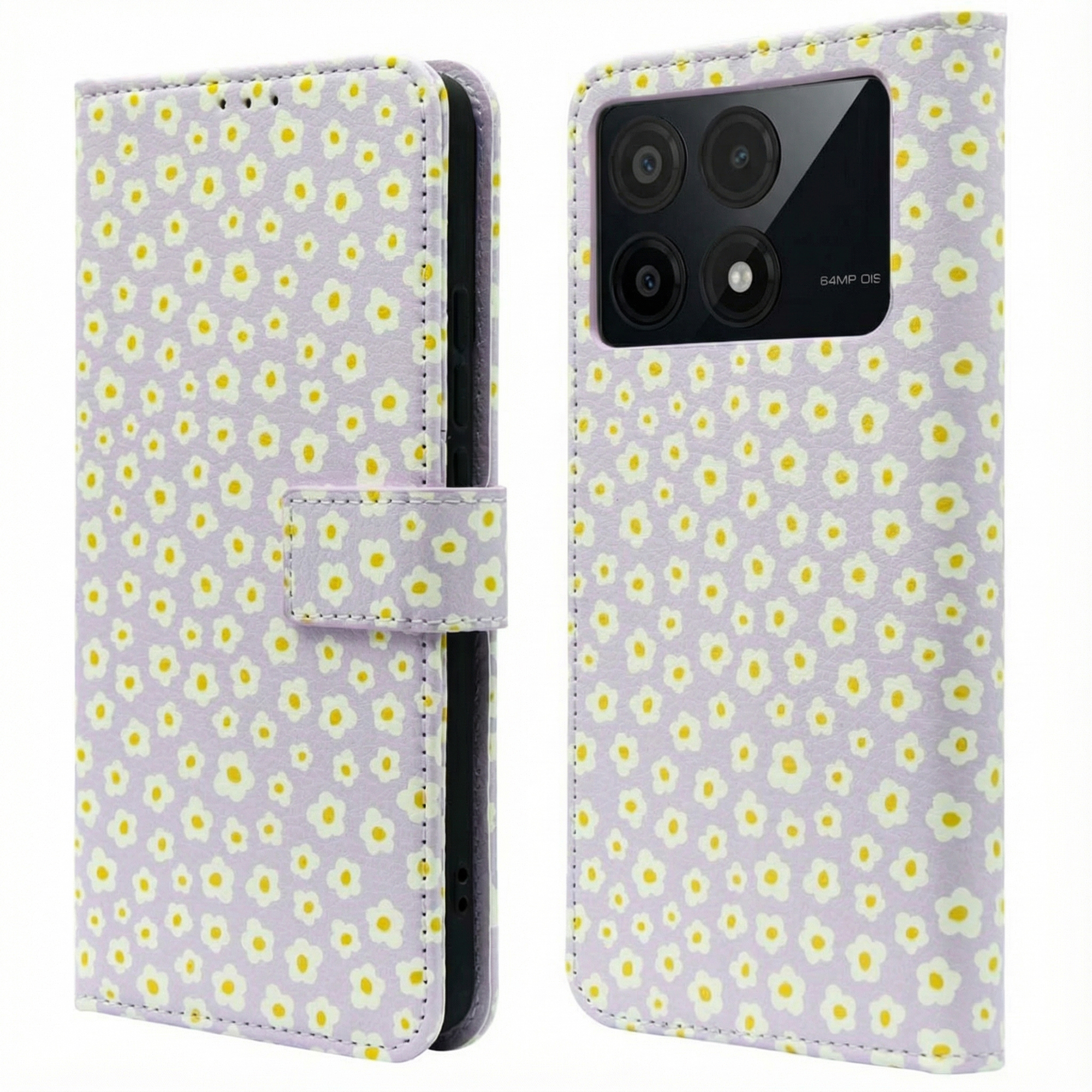 Paars telefoonhoesje met wit-geel bloempatroon, open getoond.