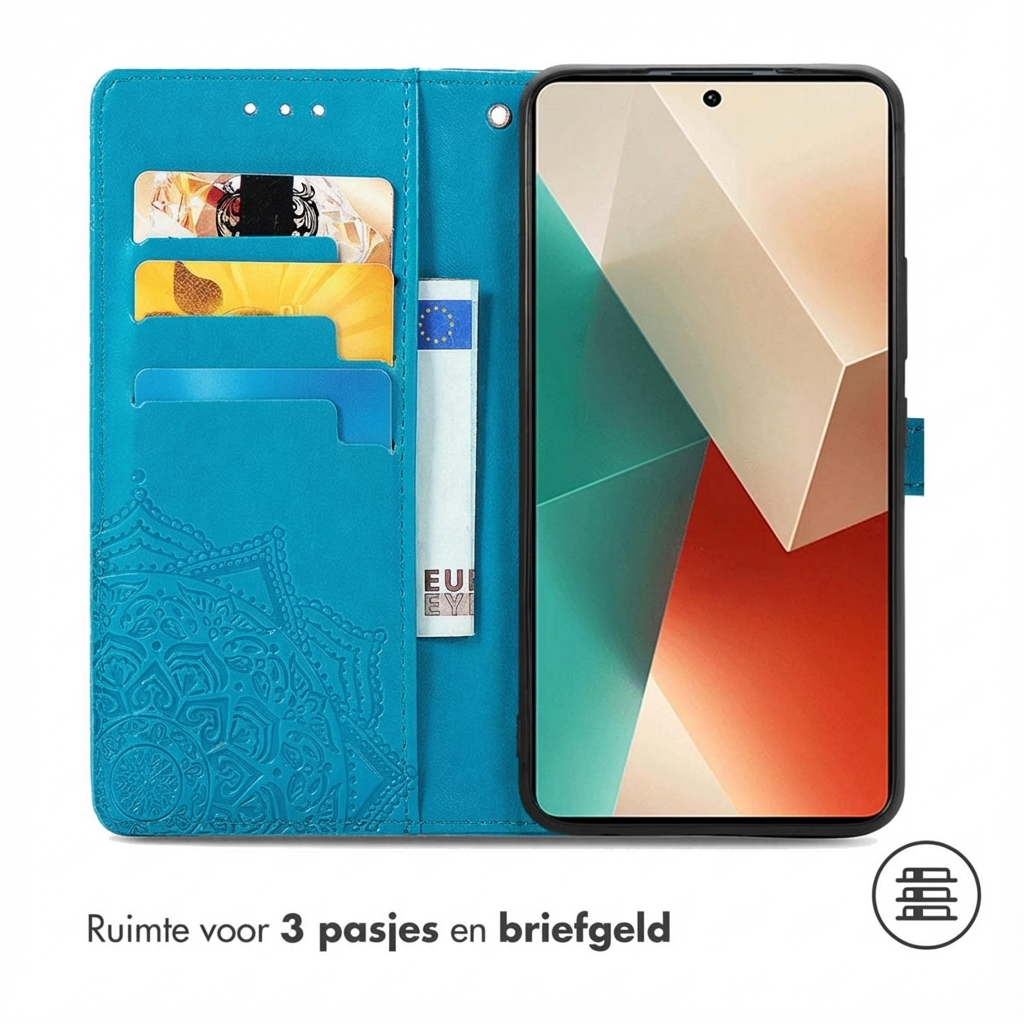 Blauw telefoonhoesje met kaarthouders en mandala-reliëf.