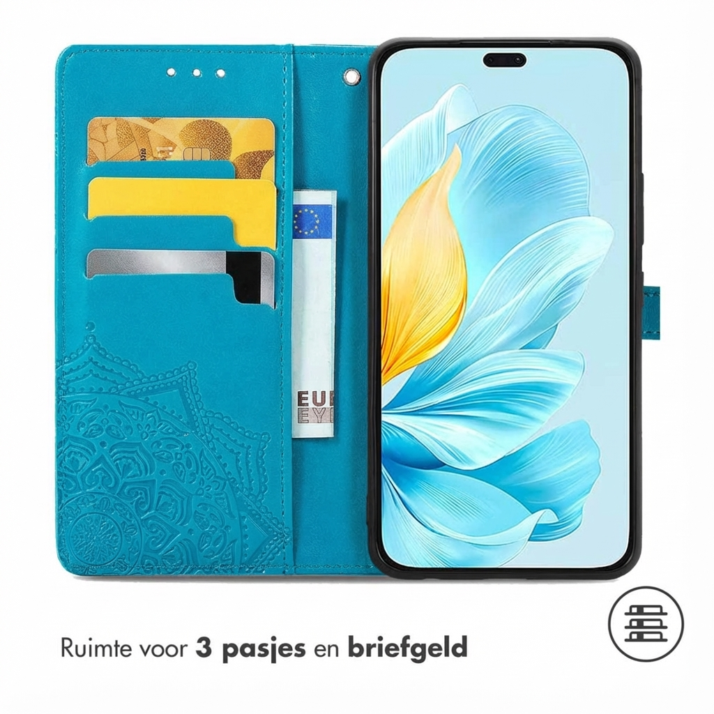 Turquoise telefoon portemonnee met kaartsleuven, mandala-reliëf en smartphone-display.