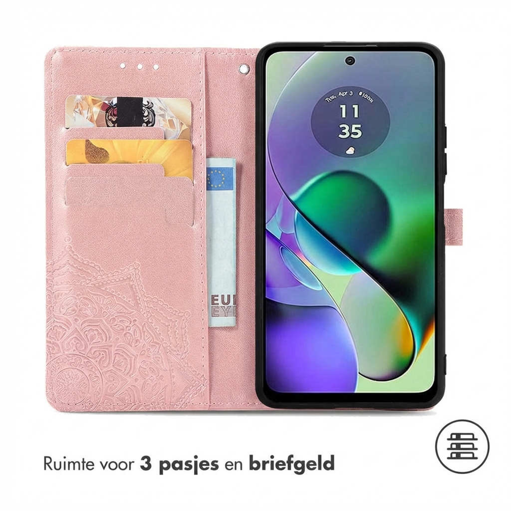 Roze telefoonhoesje met kaarthouders en geldvak, toont een smartphone.