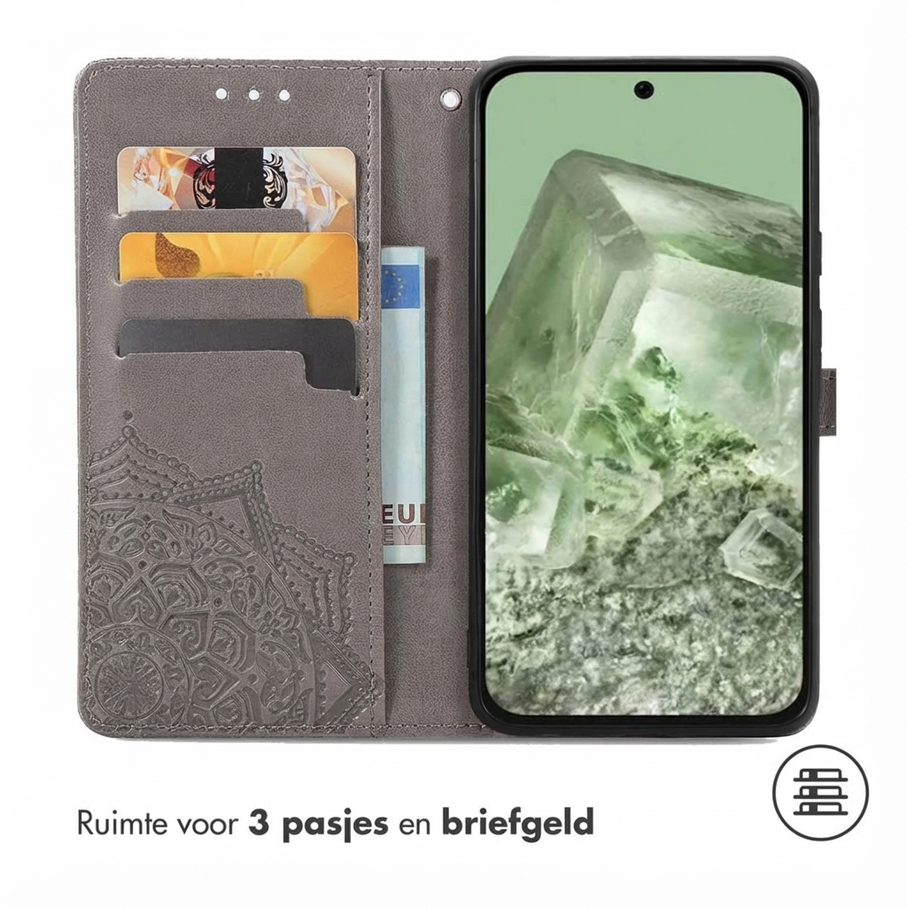 Grijze portemonneehoes met 3 kaartsleuven. Telefoonscherm toont groene kristal.