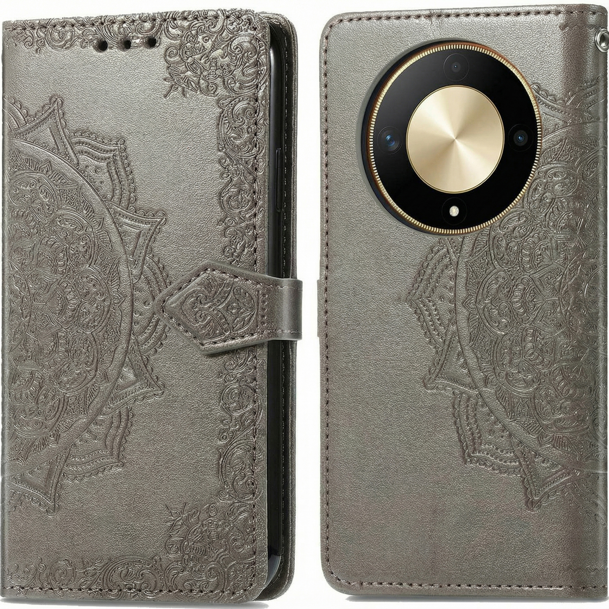 Étui de téléphone gris avec motif mandala en relief et découpe caméra.
