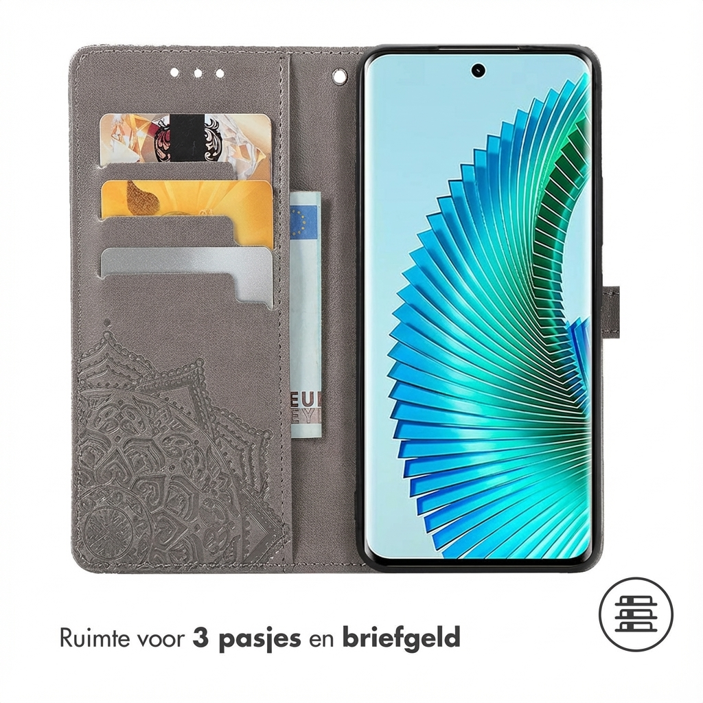 Coque de téléphone grise avec fentes pour cartes et poche à billets. Écran de téléphone affiche un motif bleu-vert.