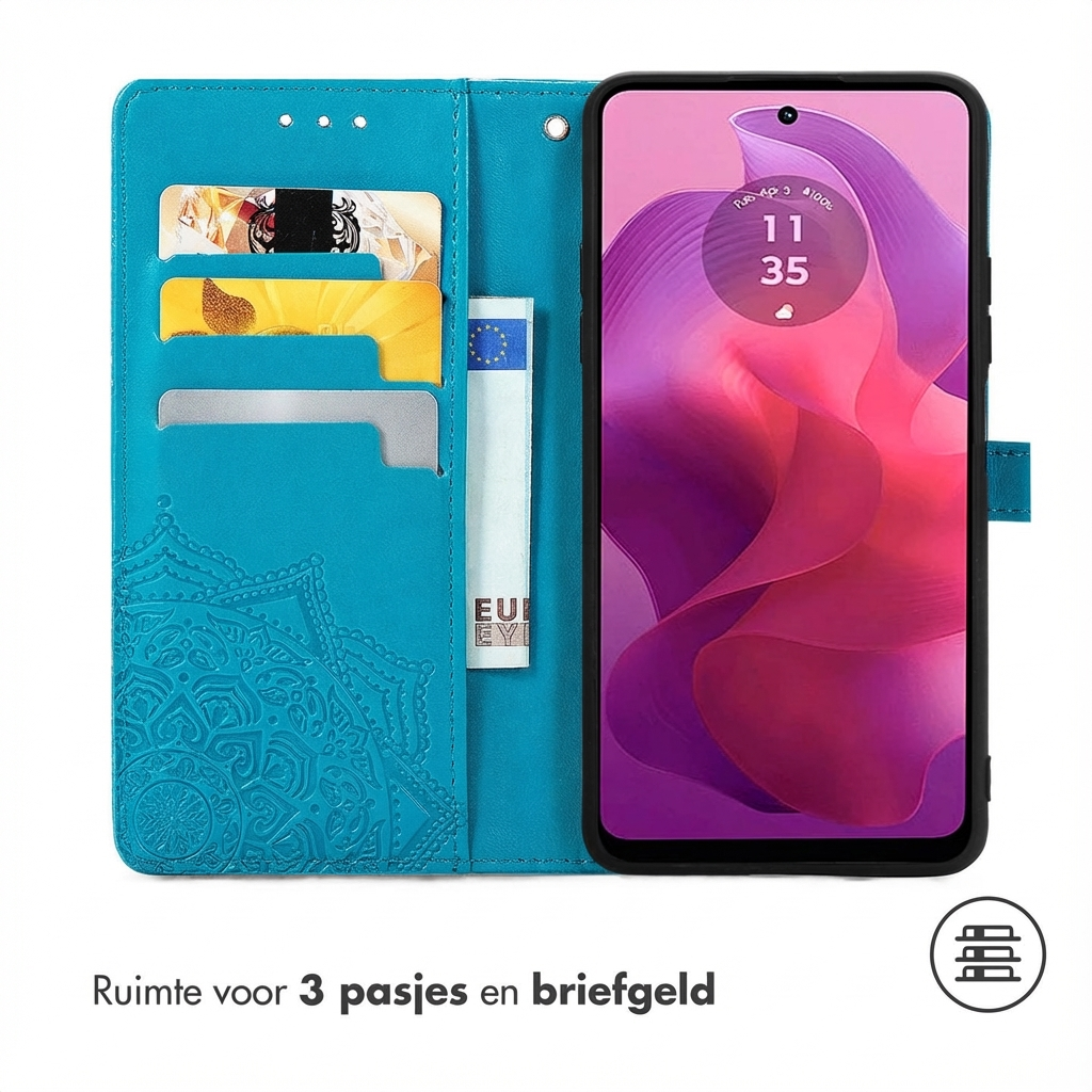 Turquoise telefoonhoes met kaarthouders, geldvak en telefoon. Mandala-patroon.