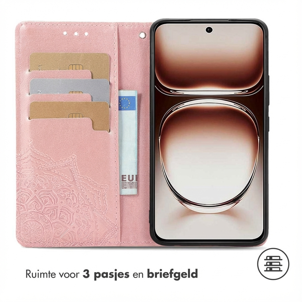 Un étui de téléphone rose avec des fentes pour cartes et un téléphone.