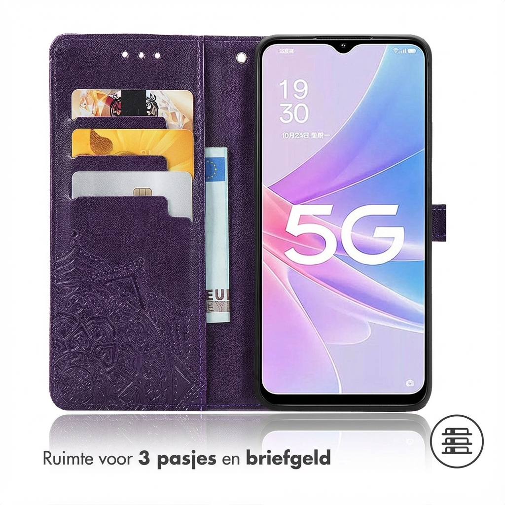 Paarse telefoonhoes met kaartsleuven en een smartphone met 5G-weergave.