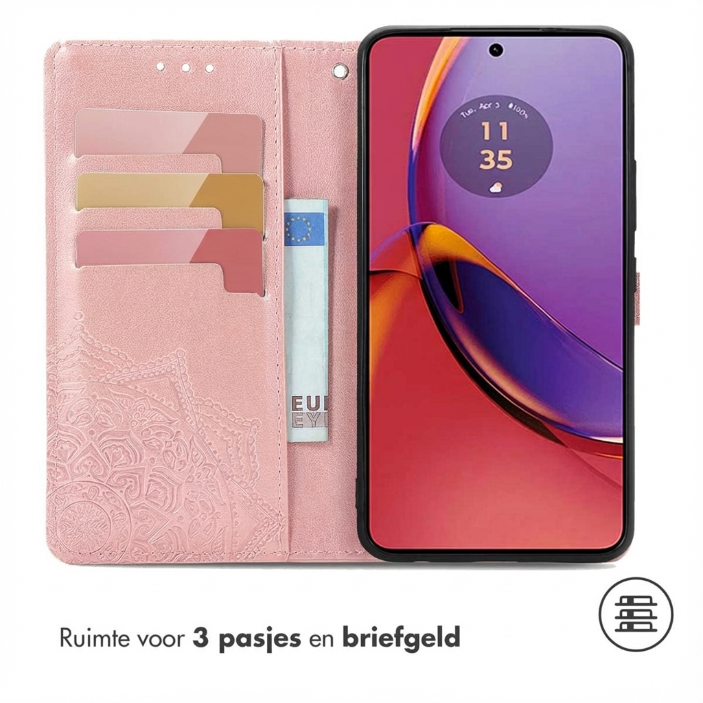 Een roze telefoonhoes met kaartsleuven en een geldvak.