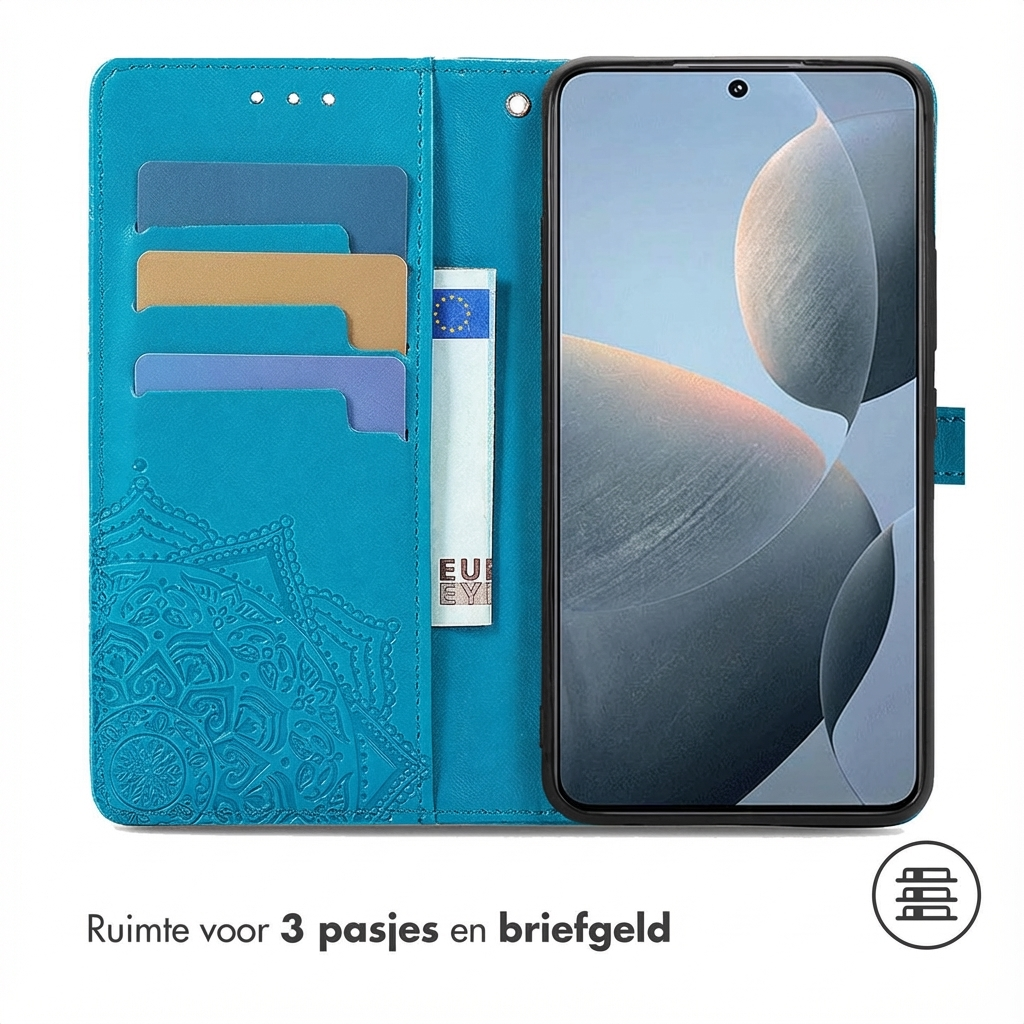 Étui de téléphone bleu avec fentes pour cartes et gaufrage mandala. Icône de pièce.