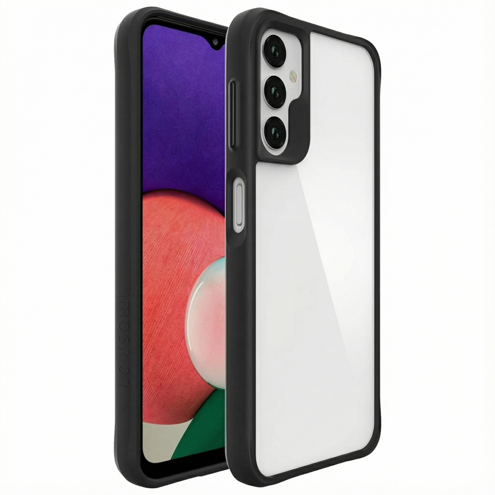 Zwarte telefoonhoes met doorzichtige achterkant, toont drie camera's.