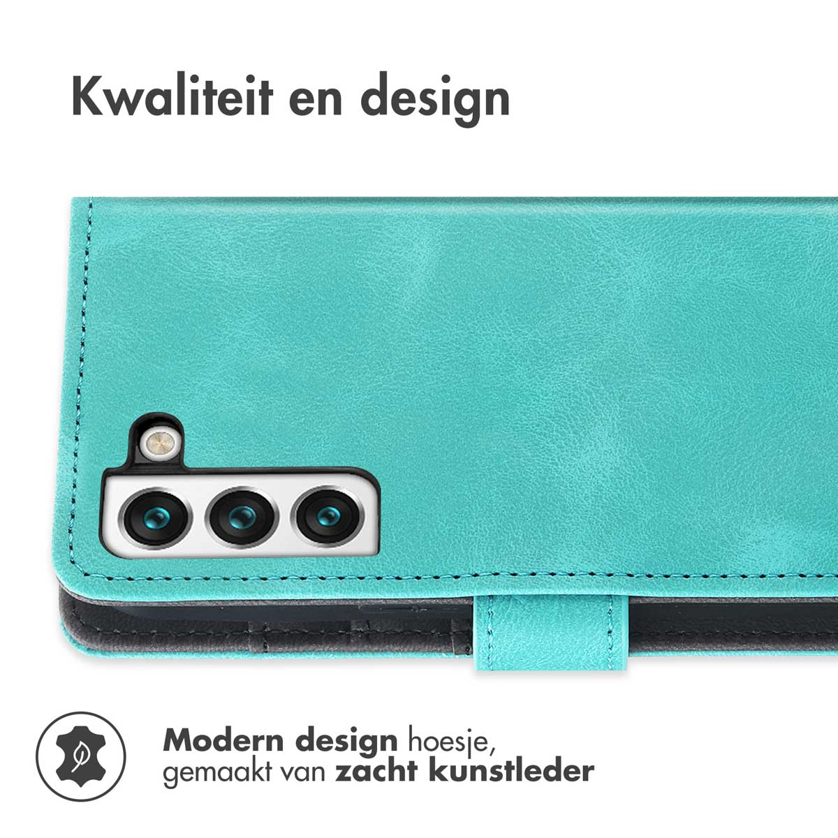 Étui turquoise pour téléphone avec découpe caméra et texte.