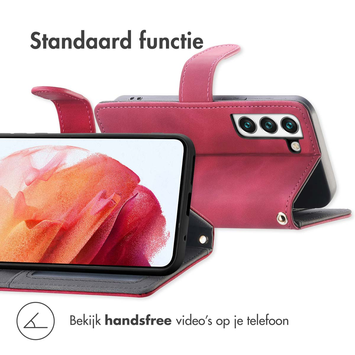 Étui portefeuille rouge pour téléphone paysage avec caméras. Montre la fonction support.