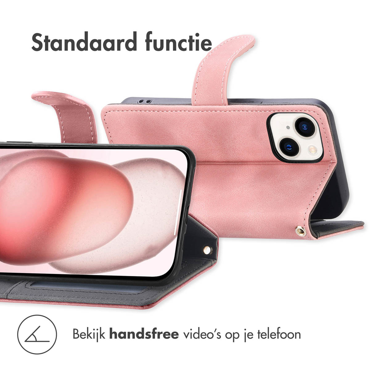 Een roze telefoonhoes met ingebouwde standaard. Een smartphone staat rechtop.