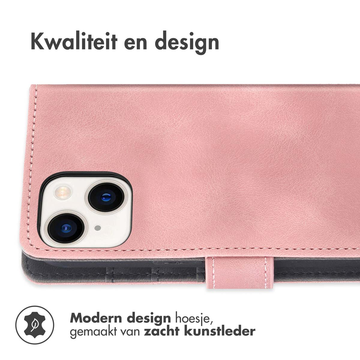 Een roze telefoonhoesje met camerauitsparing en tekst.