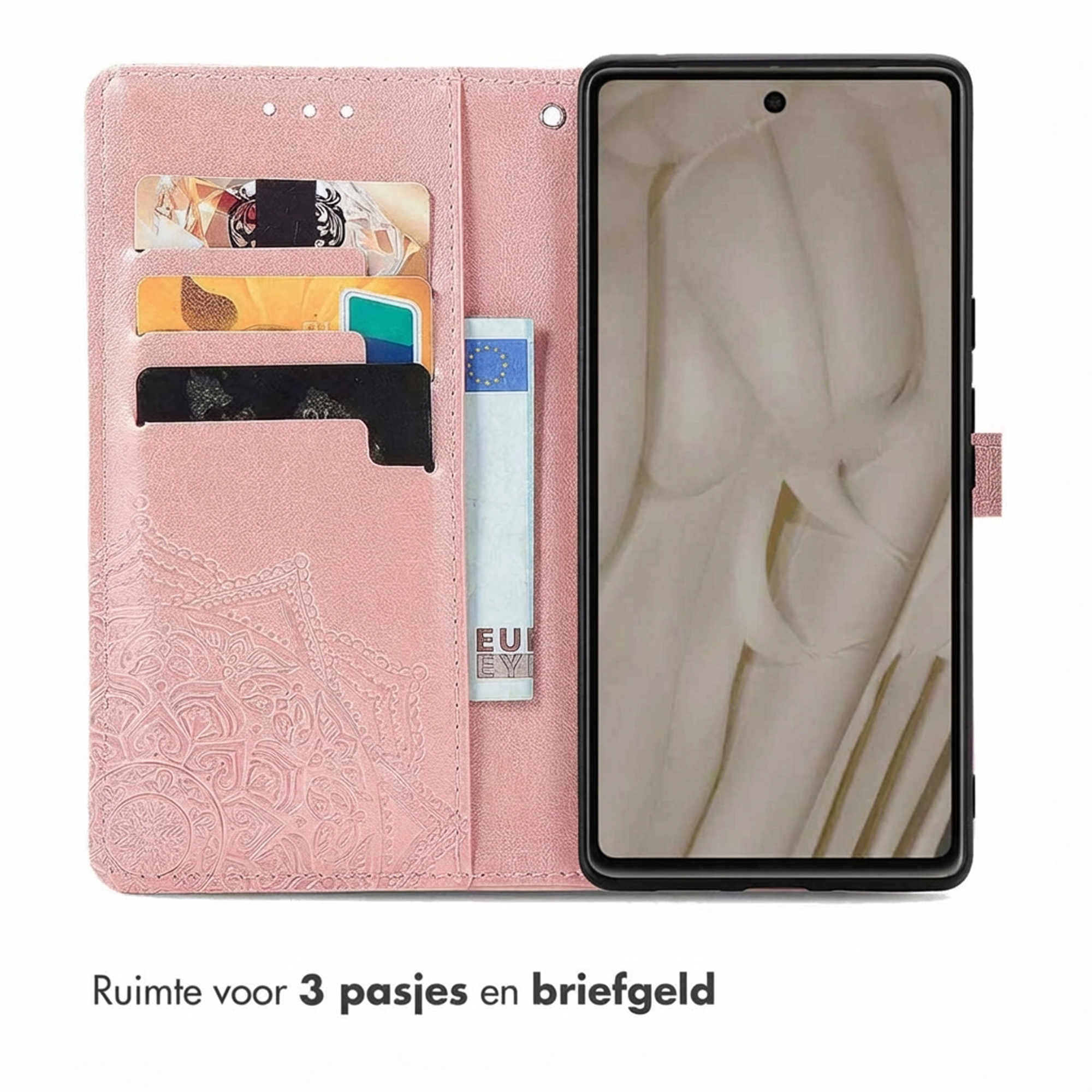 Ein rosa Handyhülle mit Kartenfächern und einer Geldscheinhalterung.