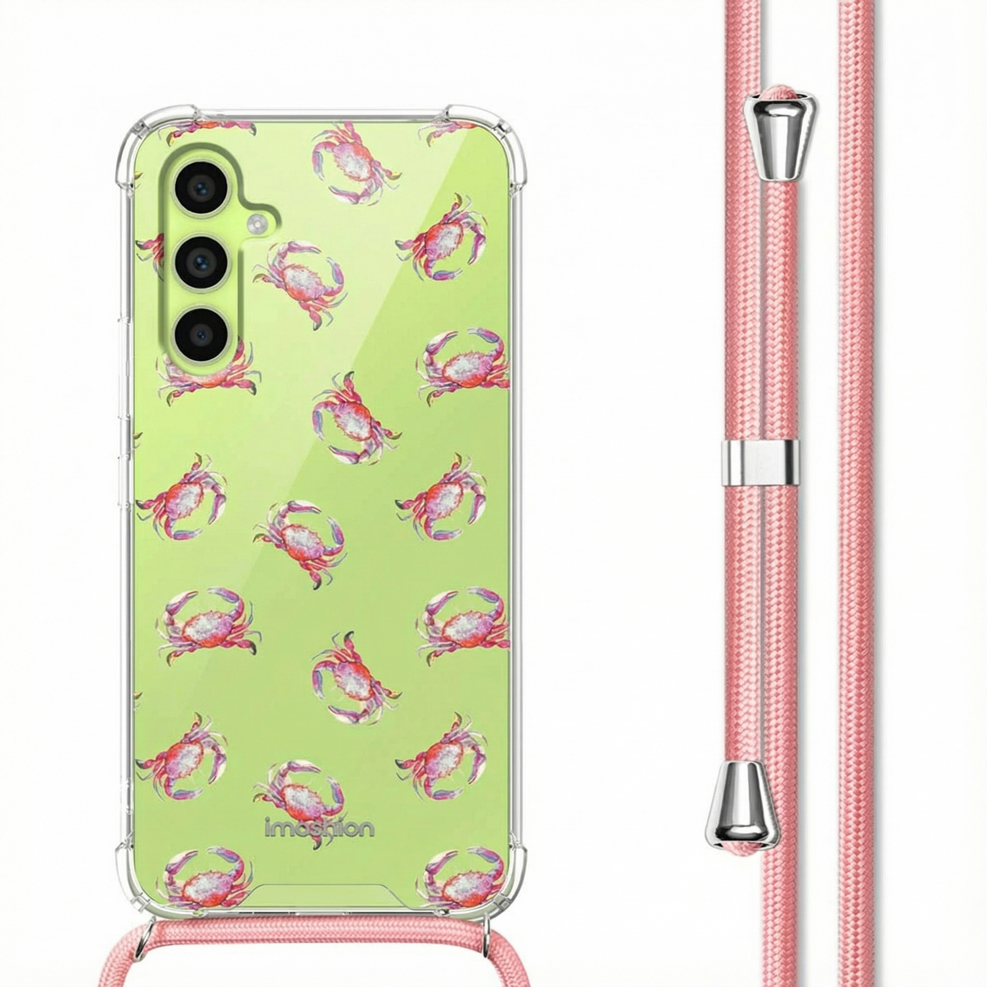 Coque transparente motif crabe fond vert clair avec cordon rose.