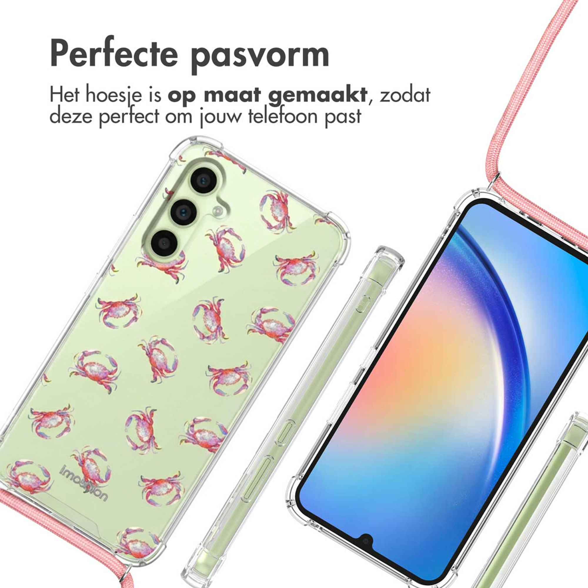 Coque de téléphone transparente à motif de crabe et dragonne rose, à côté d'un smartphone.