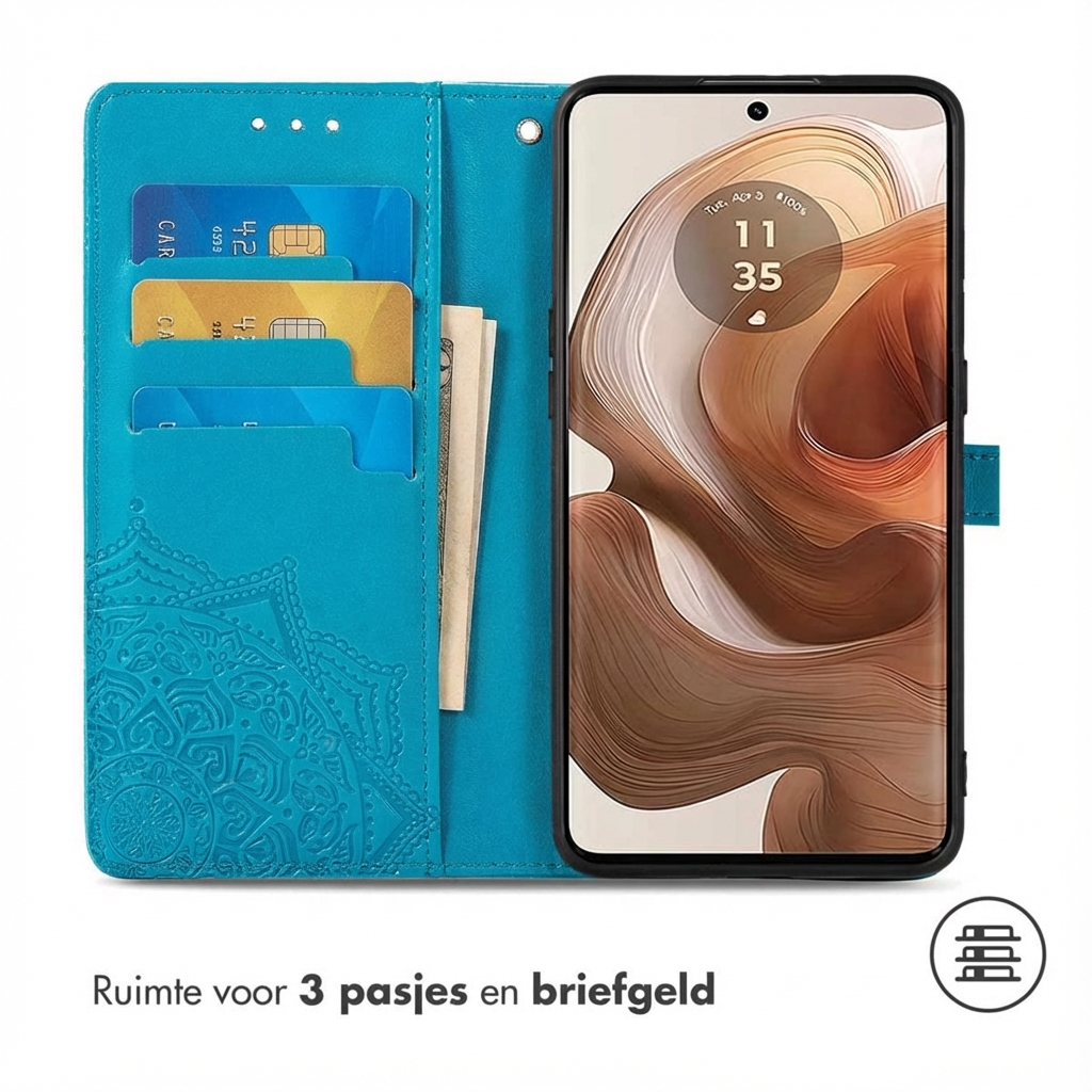 Étui portefeuille turquoise pour téléphone avec fentes pour cartes et porte-billets.