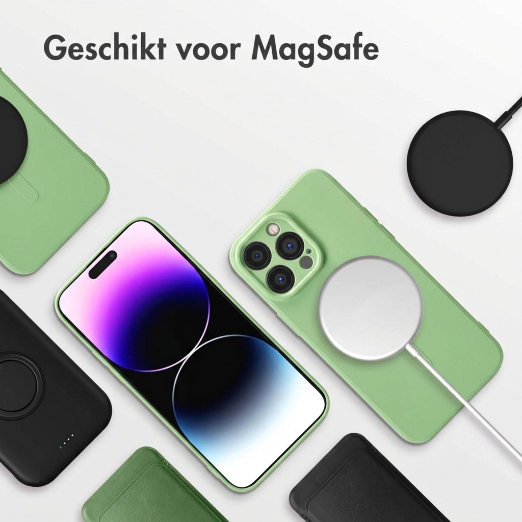 Groene iPhones met MagSafe opladers en hoesjes op witte achtergrond.