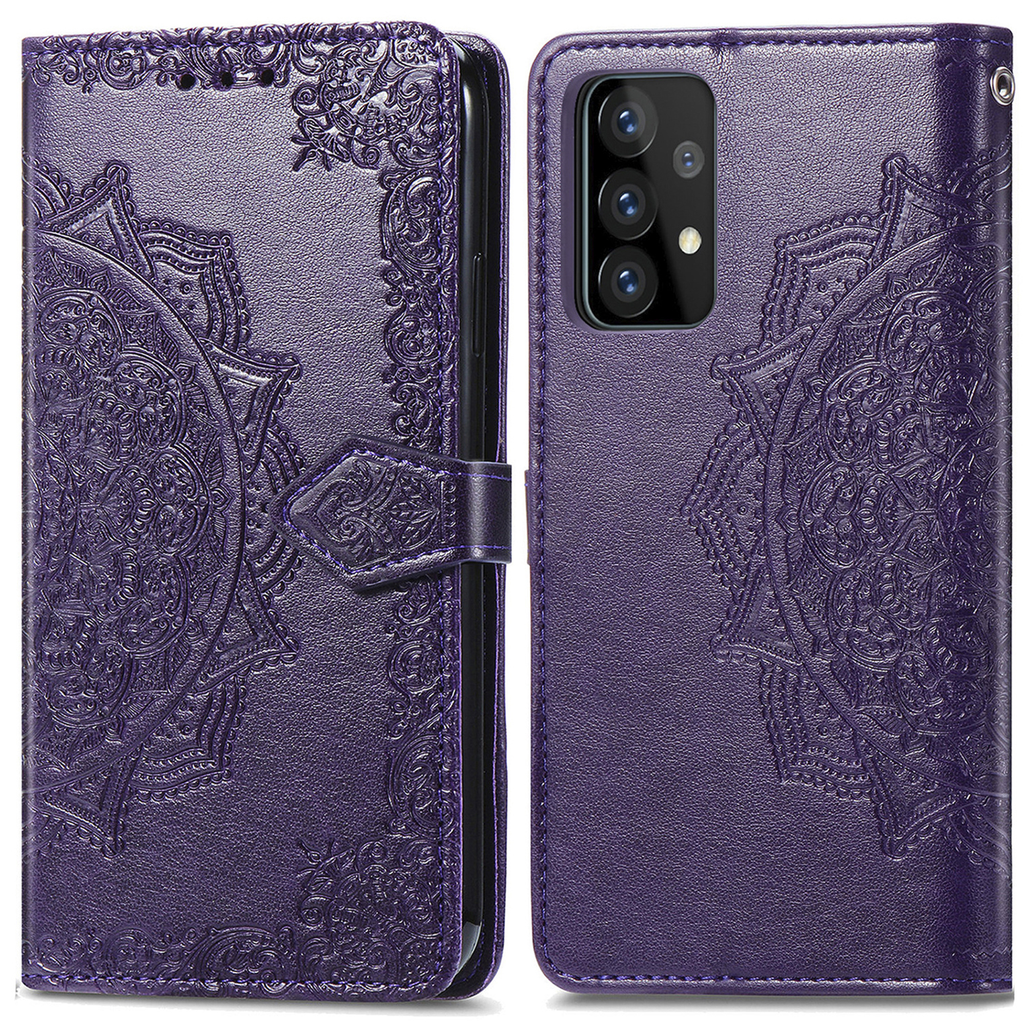 Paars telefoonhoesje met mandala patroon, open en gesloten.