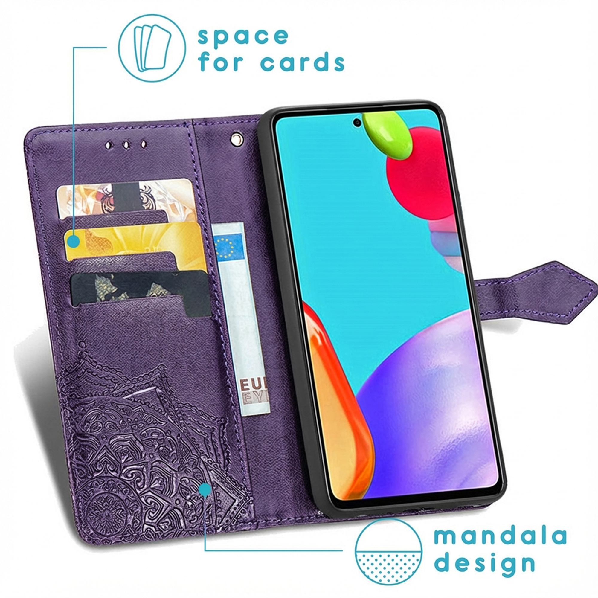 Paars telefoonhoesje met kaartsleuven en mandala-ontwerp.