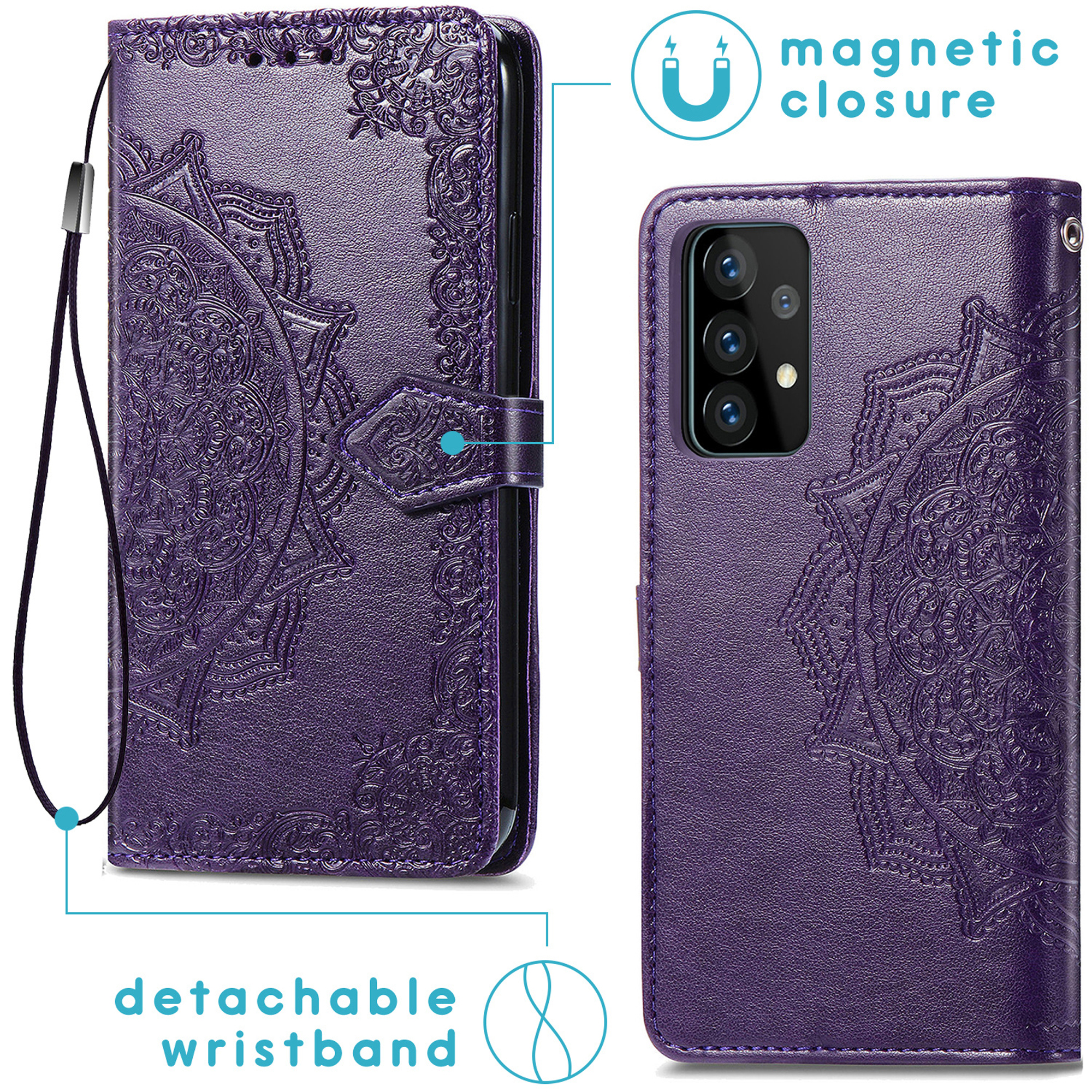 Paars telefoonhoesje met reliëf mandala, afneembare polsband, magnetische sluiting.