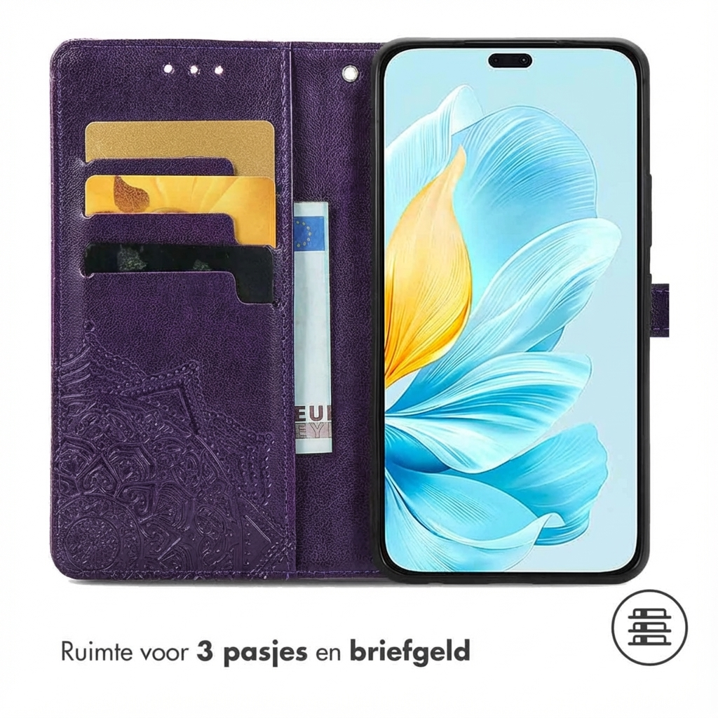 Étui pour téléphone violet avec fentes pour cartes, argent et téléphone à écran floral.