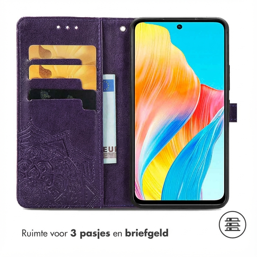 Étui de téléphone violet avec fentes pour cartes et argent.