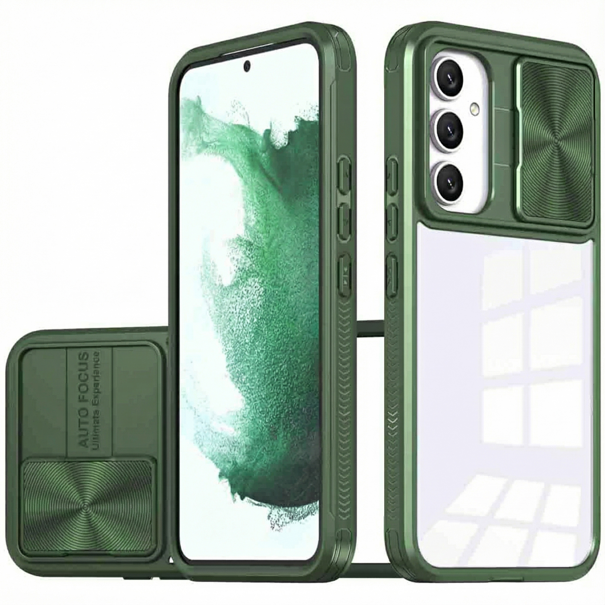 Coque de téléphone verte avec trois caméras et cache coulissant.