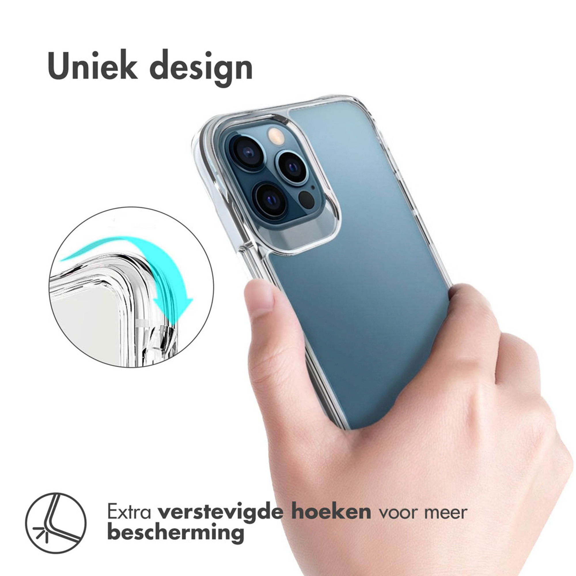 Una mano tiene uno smartphone in una custodia trasparente con angoli rinforzati.