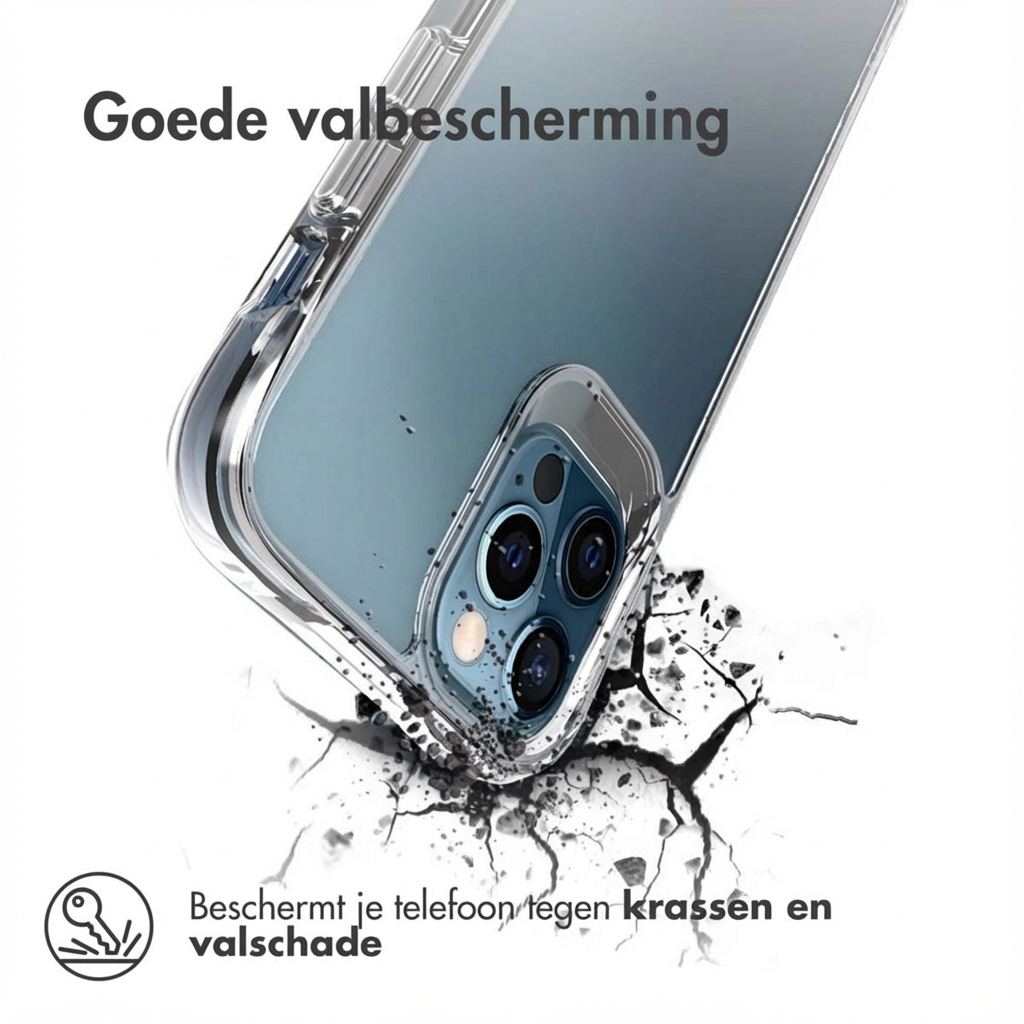 Custodia trasparente per telefono che cade, si frantuma a terra. Offre buona protezione.