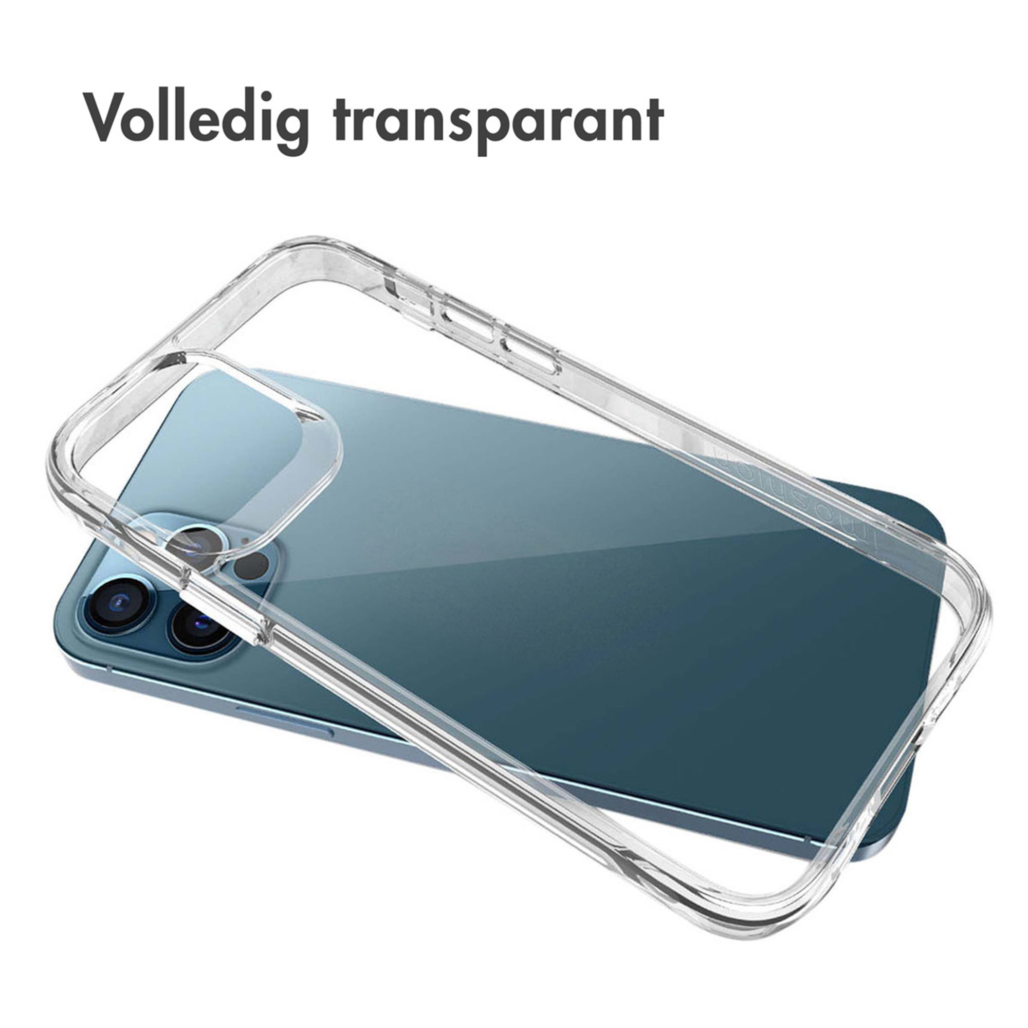 Custodia trasparente su uno smartphone blu con tre fotocamere.