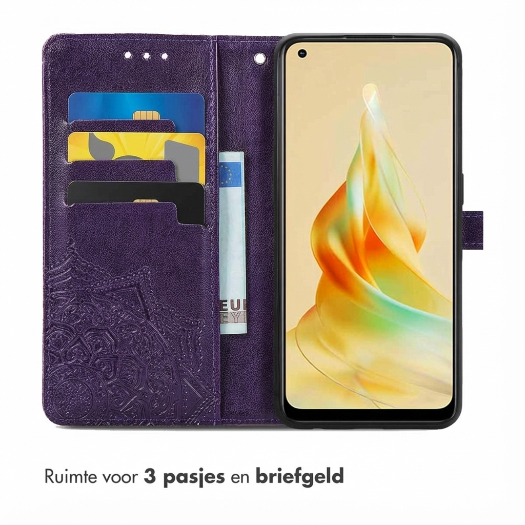 Paarse portemonfee telefoonhoes met kaarthouders en geldvak. Een smartphone is geplaatst.