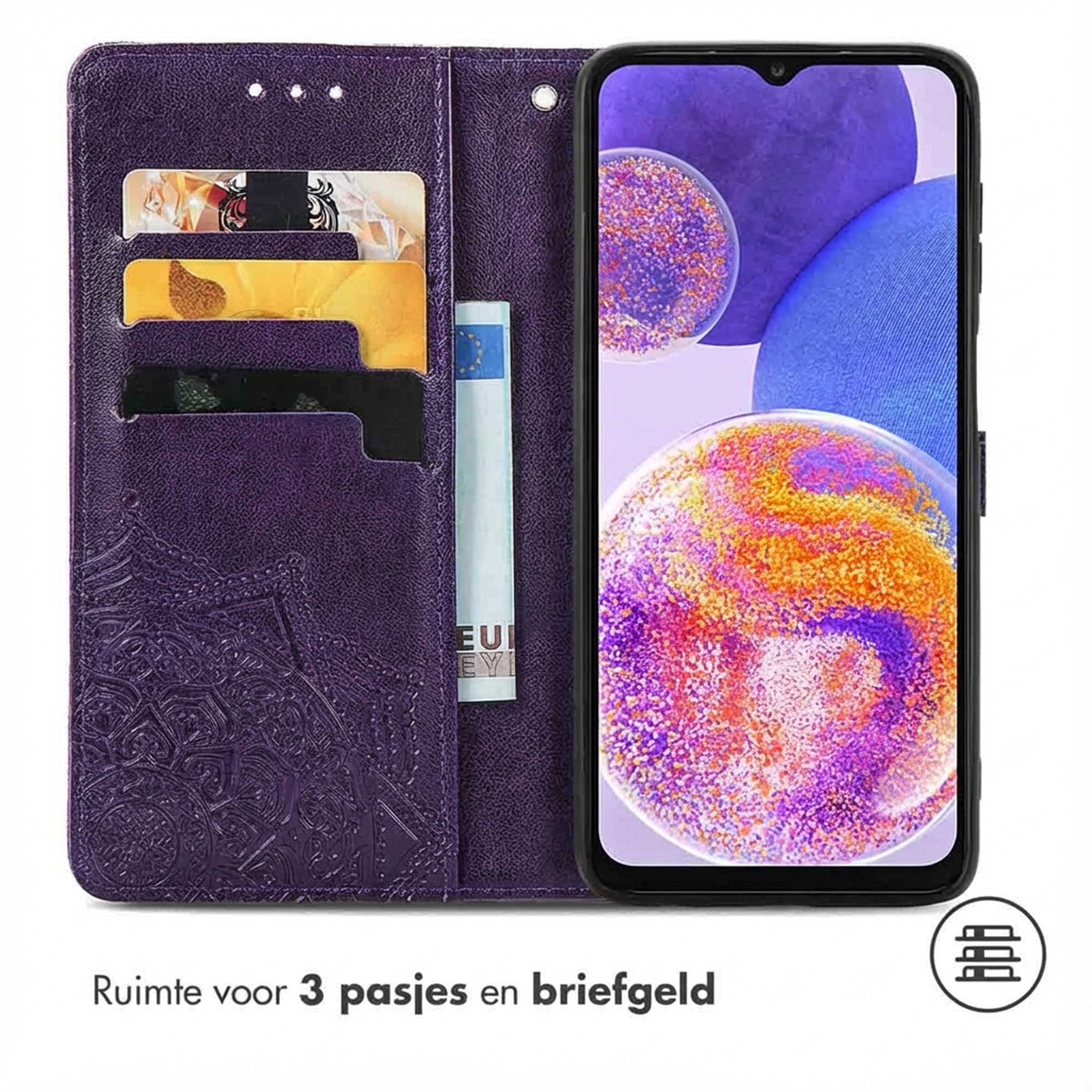 Paarse telefoonhoes met kaarthouders en geldvak.