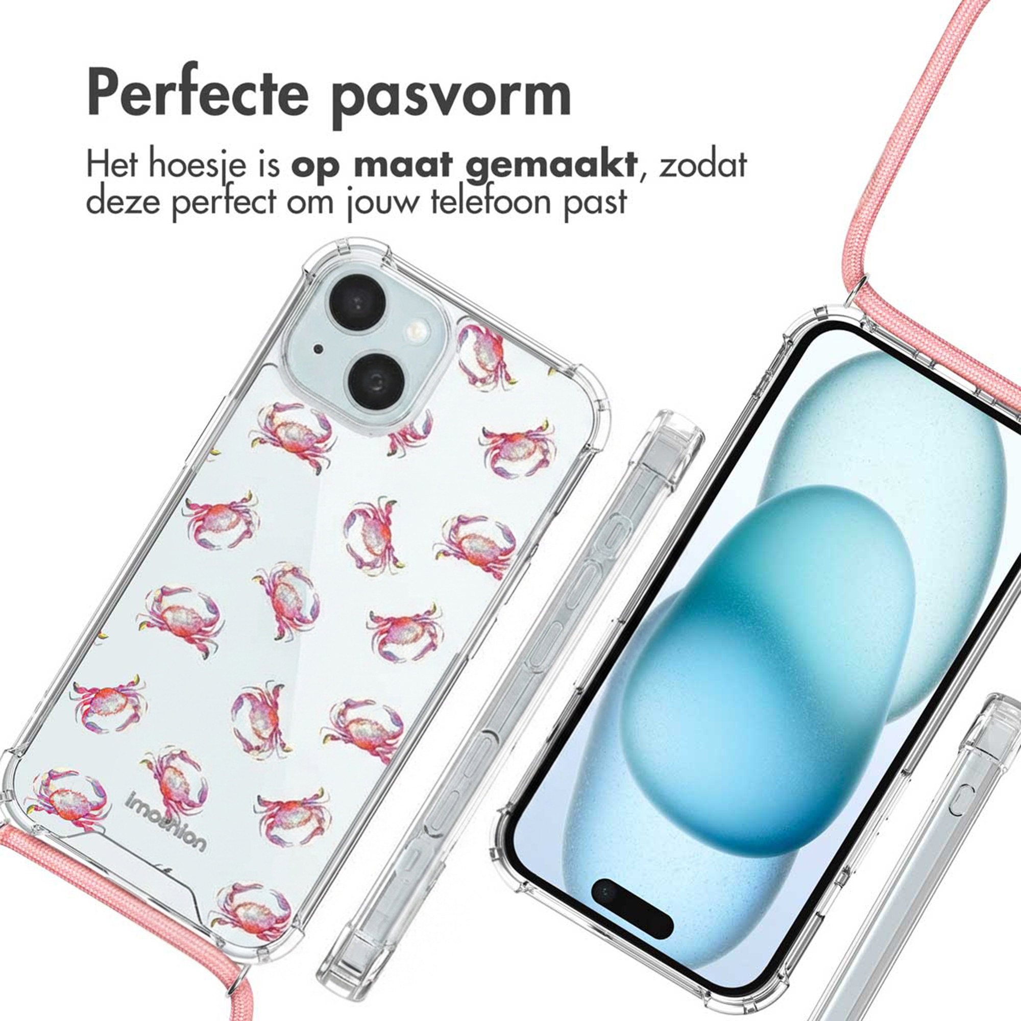 Transparante telefoonhoes met krabprint en roze koord.