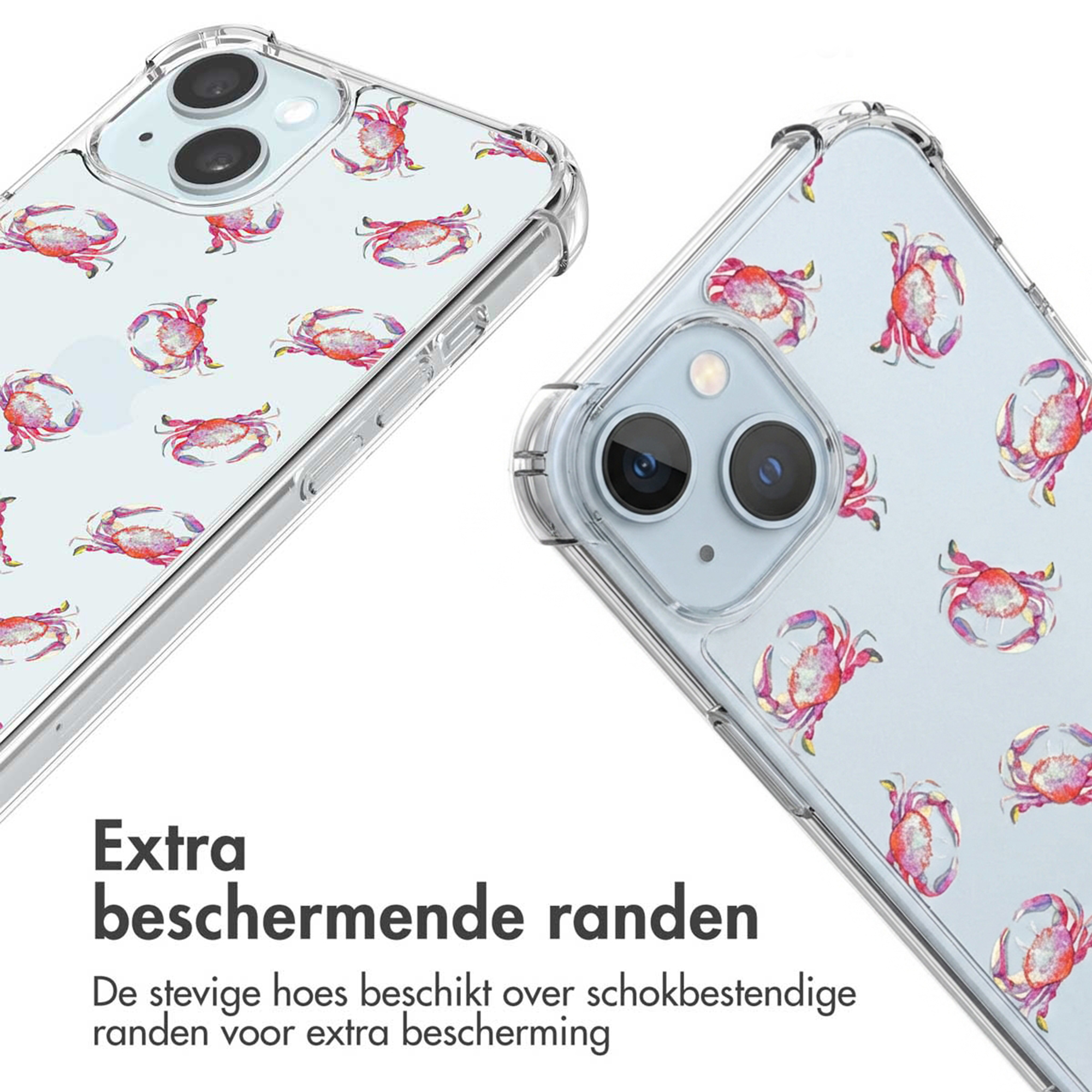 Transparante telefoonhoes met rood krabbenpatroon en camera-uitsparing.