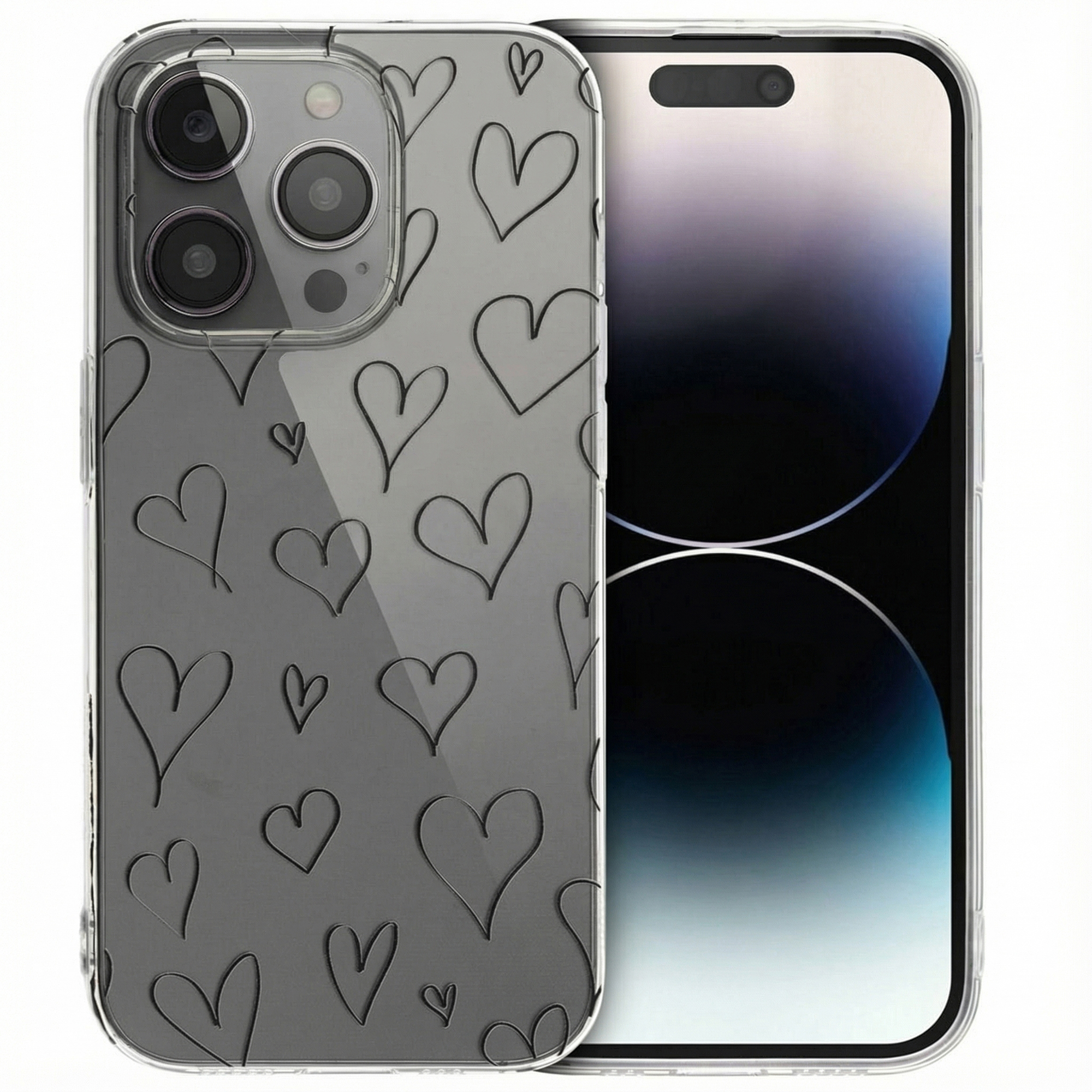 Custodia trasparente per telefono con motivo a cuore nero su smartphone.