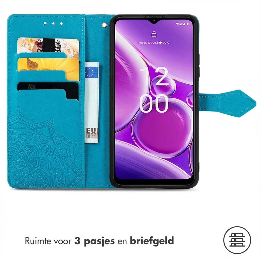 Étui portefeuille bleu pour téléphone avec fentes pour cartes et poche à billets. Étui fermé.