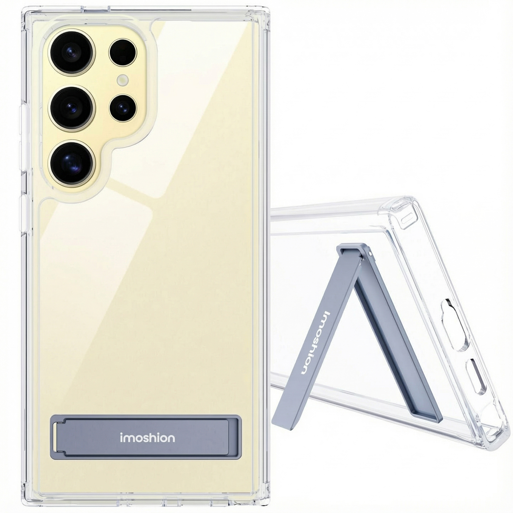 Coque de téléphone transparente avec béquille intégrée et quatre objectifs.
