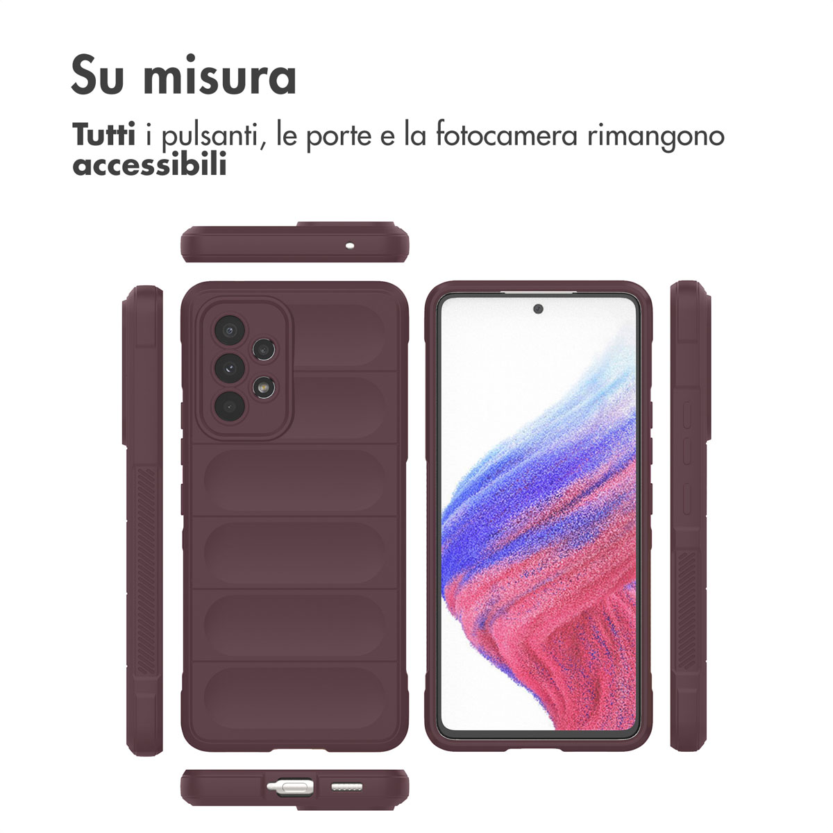 Ensemble de coque de téléphone rouge foncé montré sous plusieurs angles avec un smartphone.