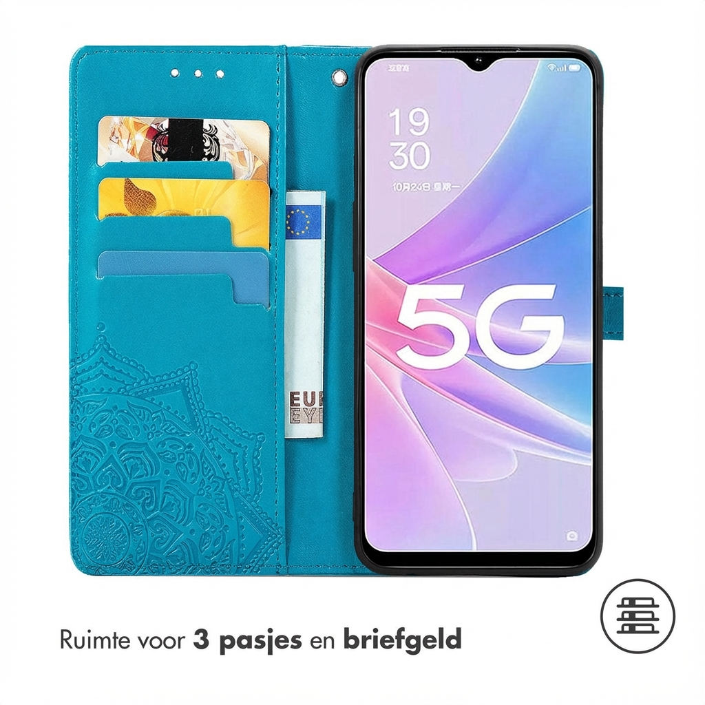Een turquoise telefoon portemonnee hoesje met kaartsleuven en een telefoon met 5G display.