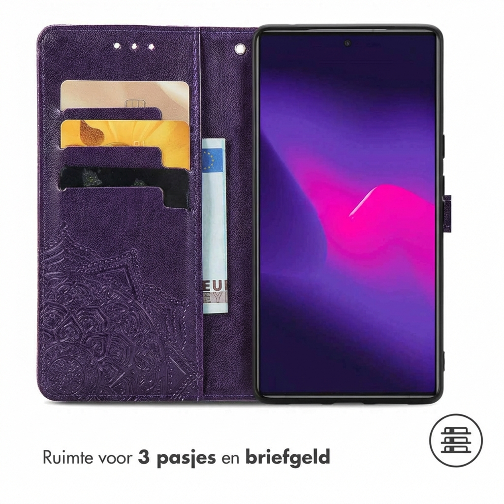 Paarse open telefoonhoes met kaarthouders en geldvak.