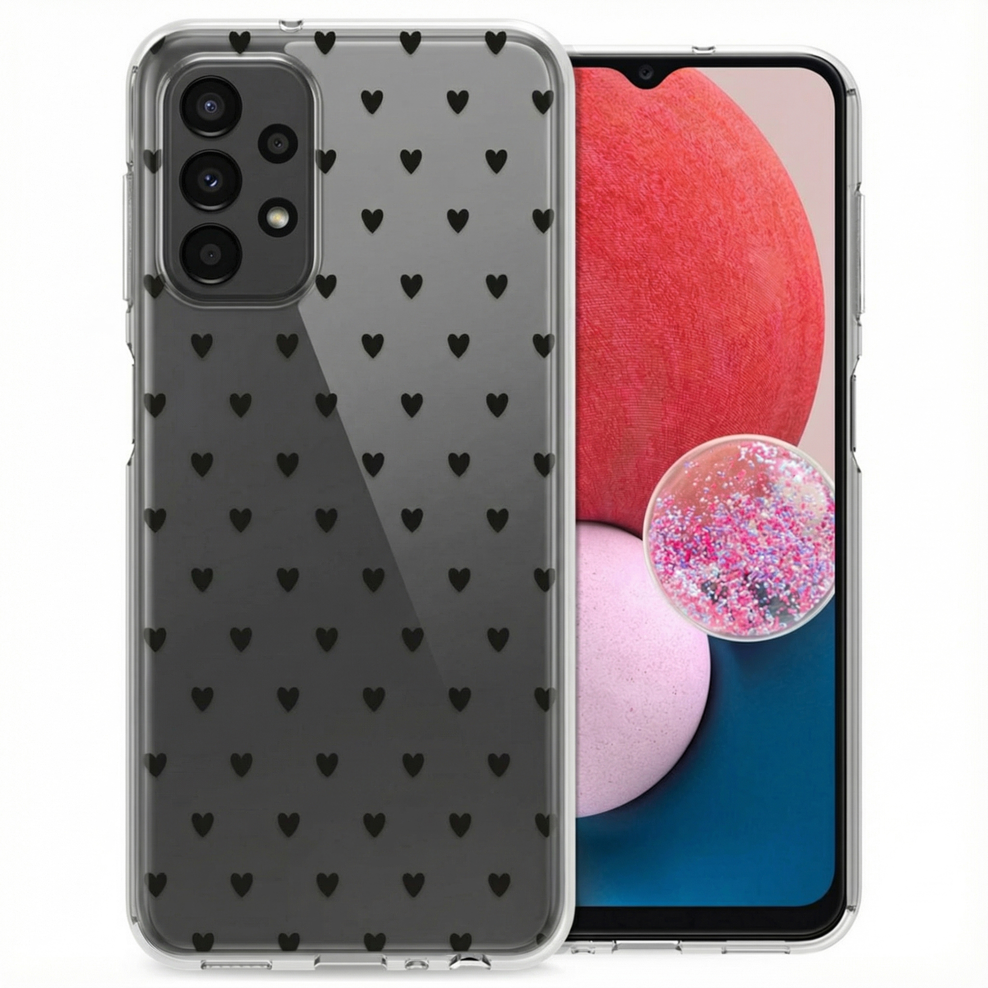 Transparante telefoonhoes met zwarte hartjes en een telefoon met rood scherm.