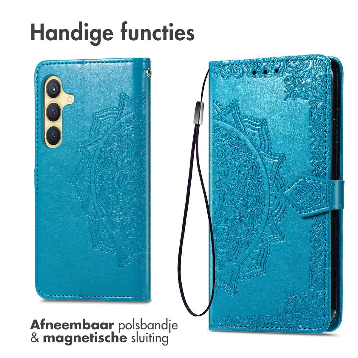 Turquoise telefoonhoes met mandala-patroon, afneembare polsband en magnetische sluiting.