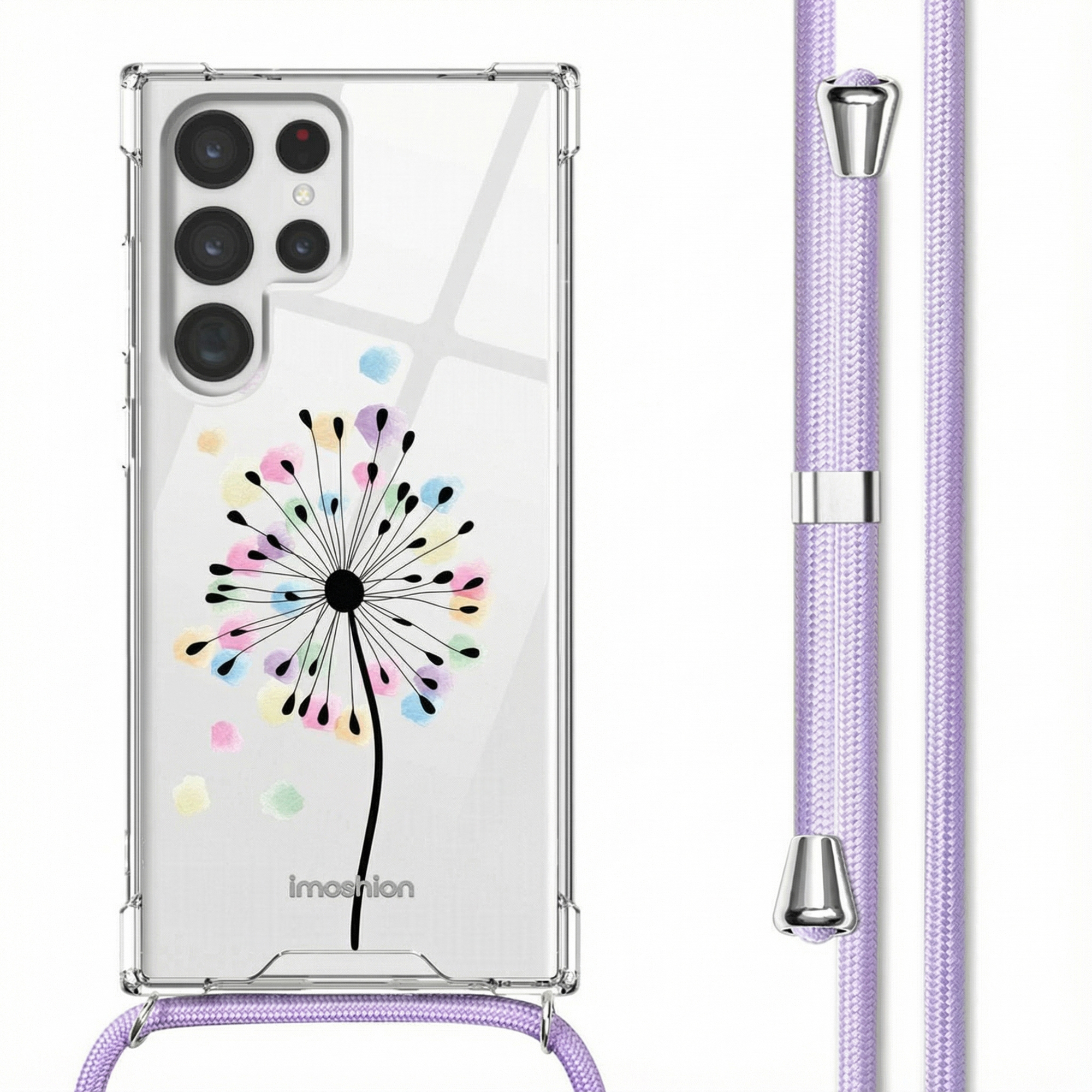 Een doorzichtige telefoonhoes met een kleurrijk paardenbloemontwerp en paarse lanyard.