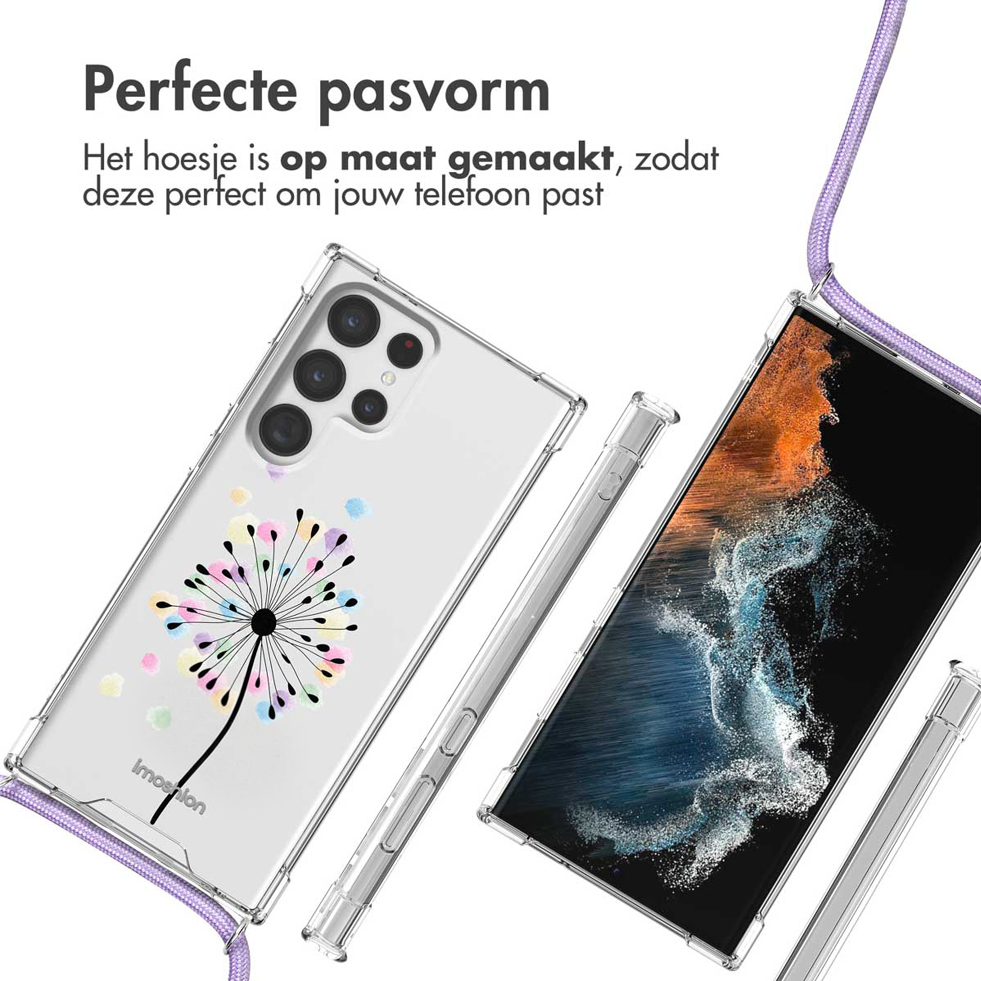 Transparante telefoonhoes met kleurrijk paardenbloemdesign en koord.