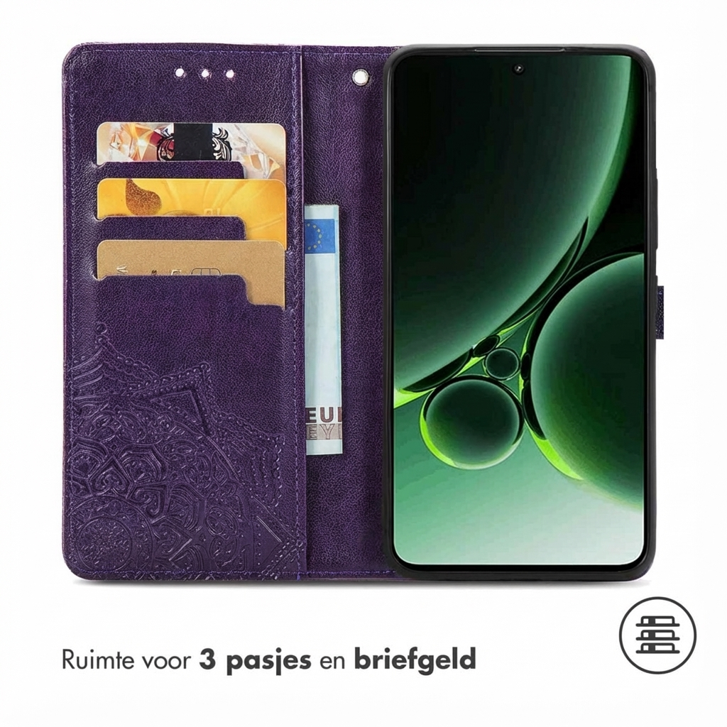 Paarse telefoonhoes met kaartsleuven en een gele geldvak. Toont een telefoon.