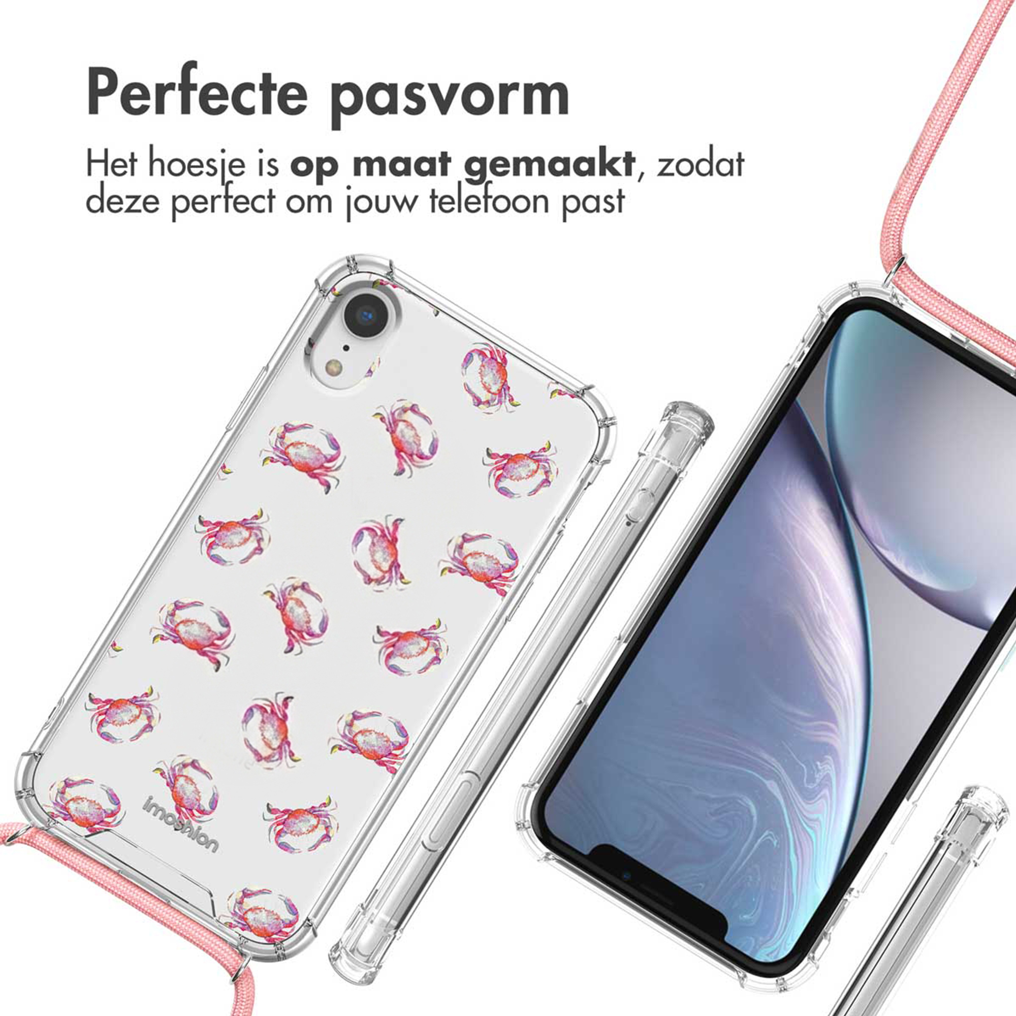 Doorzichtige hoes met krabbenpatroon en roze koord. Voor smartphone.