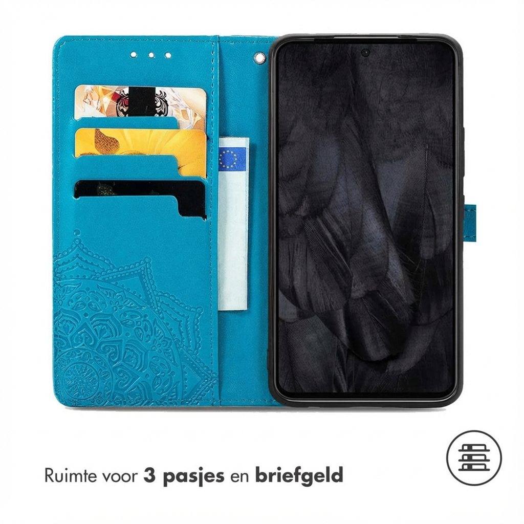 Turquoise telefoonhoesje open, met kaartsleuven en telefoon. Mandala-design.