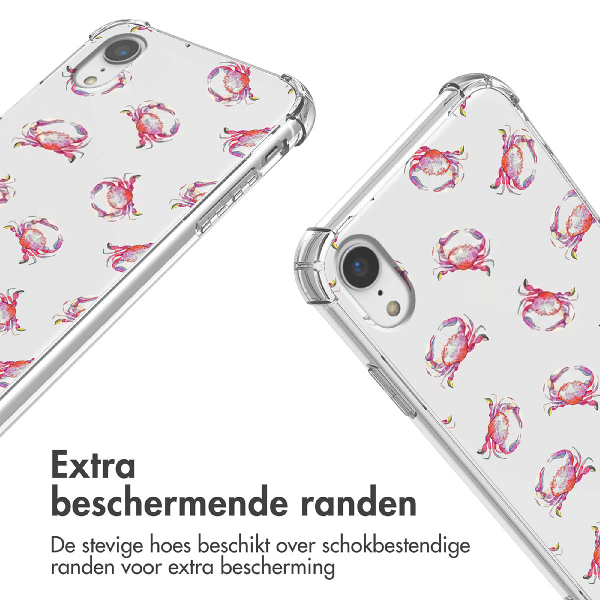 Doorzichtige telefoonhoes met krabbenpatroon. Tekst: "Extra beschermende randen".